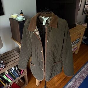 Orvis Green Quilted Barn Jacket with Brown Corduroy collar and trim